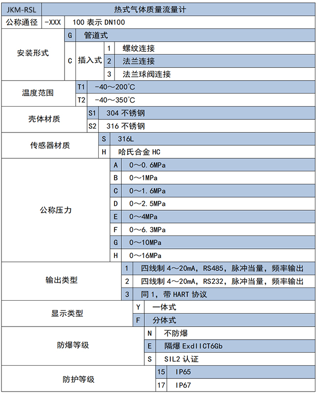 高溫型熱式氣體質(zhì)量流量計(jì)選項(xiàng)表